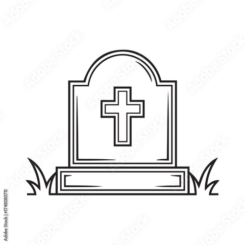 Outline Vector Illustration of an Old Gravestone with Christian Cross Symbol for Funeral and Halloween Designs
