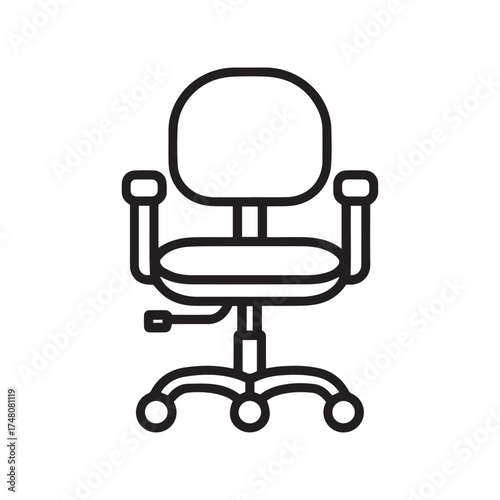 Minimalist Outline Vector Drawing of an Ergonomic Swivel Office Chair with Wheels for Workspace Furniture Icon