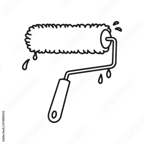 Black Line Icon Drawing of a Wet Paint Roller with Dripping Drops - Home Renovation and Decorating Tool Vector