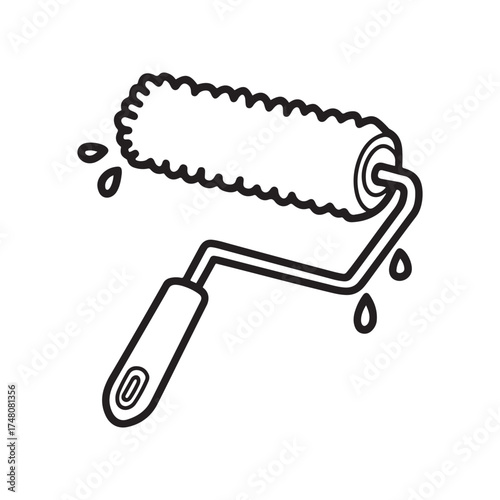 Black Line Icon Drawing of a Wet Paint Roller with Dripping Drops - Home Renovation and Decorating Tool Vector