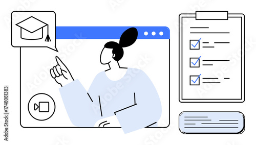 Woman participating in video conference, pointing to graduation cap, checklist, and notes. Ideal for education, e-learning, goal setting, task completion, productivity achievement simple flat