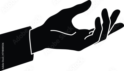 Open hand silhouette offering support gesture of giving receiving or asking for help simple black graphic icon vector silhouette