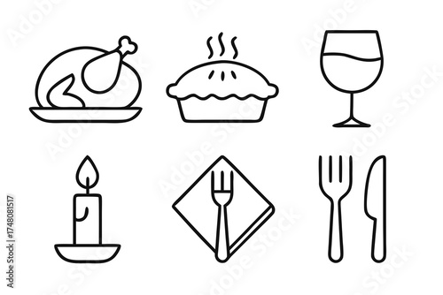 Outlined Festive Dinner Elements Roasted Turkey Pie Wine Candle Napkin Cutlery