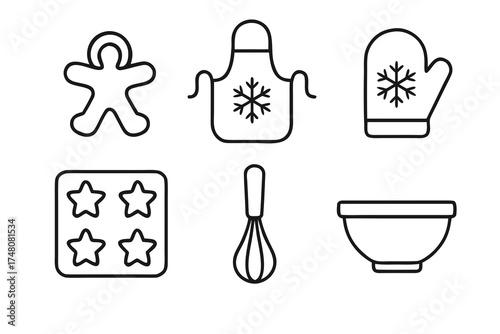 Outlined Baking Icons Depicting Festive Gingerbread and Kitchen Tools