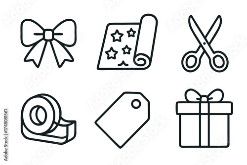 Outlined GiftGiving Icons Bow Wrapping Paper Scissors Tape Tag and Present