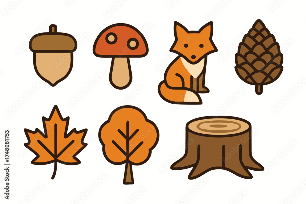 Fototapeta premium Stylized Autumnal Elements Fox Acorn Mushroom Pinecone Leaves Tree Stump