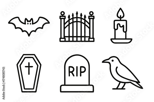 Spooky Halloween Icons Bat Gate Candle Coffin Tombstone and Crow