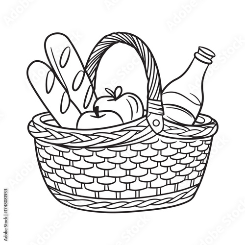 Outline Illustration of a Classic Wicker Picnic Basket Filled with Baguettes, Apples, and a Beverage Bottle