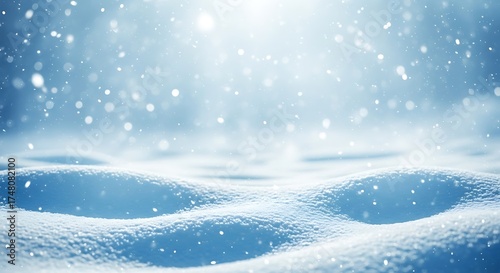 Magical winter forest scene with falling snow and soft light background