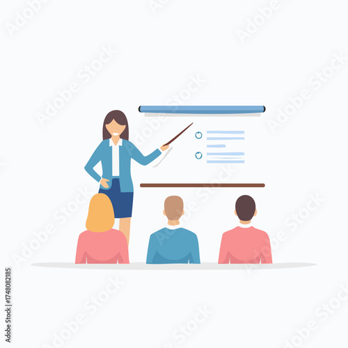 A female presenter in a suit pointing to a checklist on a screen during a business meeting or training seminar with an audience.