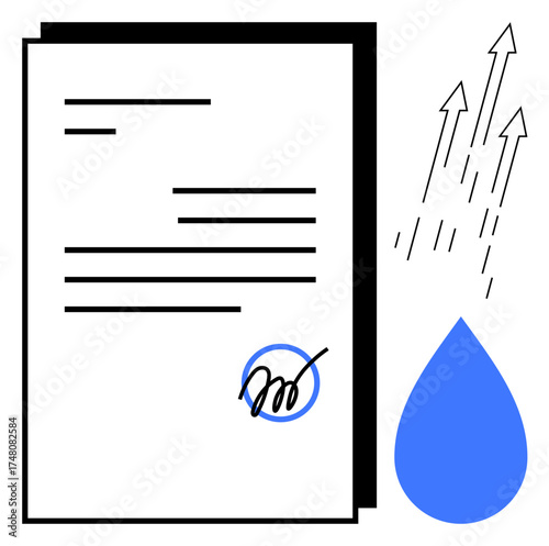 Document with signature, blue water drop, and upward arrows representing growth, sustainability, and agreements. Ideal for business, legal, environmental goals, progress success innovation simple