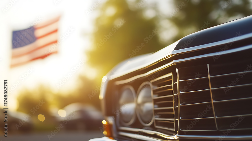Fototapeta premium Classic Car and American Flag: A nostalgic scene featuring the front grill of a vintage automobile with the stars and stripes waving in the background.