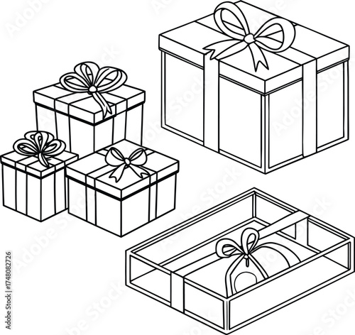 Artistic drawing of decorative gifts with bows and striped wrapping paper design
