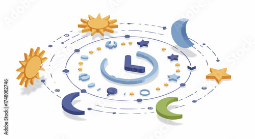 Isometric Illustration of Time Flow and Daily Rhythms, with Celestial Bodies Orbiting a Central Clock Icon, Symbolizing Cycles, Scheduling, and Efficient Time Management