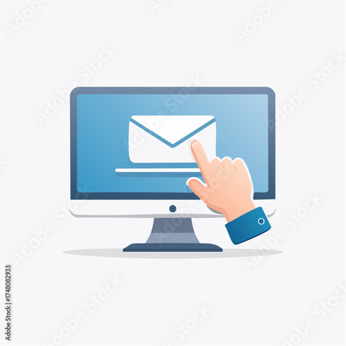 Vector illustration of a hand pointing at an email envelope icon on a computer monitor.