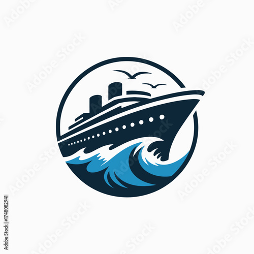 Cruise ship logo with ocean waves and seagulls illustration representing travel tourism and vacation adventure concept in a circular design