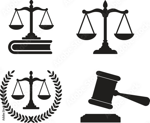 Justice and Law Symbols Depicting Balance Fairness and Legal Authority Represented by Scales Book Laurel Wreath and Gavel