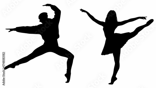 Dynamic duo of dancers striking poses, showcasing graceful movement and artistry, a symbol of passion, dedication, and the beauty of dance performance