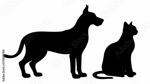 Elegant pet silhouettes showcase a Great Dane dog standing beside a seated cat, perfect for veterinary clinics, pet supply stores, and animal shelters