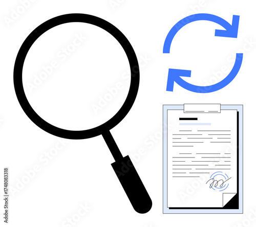 Magnifying glass focusing on document with signature and clipboard beside a refresh icon. Ideal for audit, analysis, quality control, research, inspection, revision, workflow. Simple flat metaphor