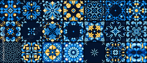 Mediterranean ceramic tiles seamless pattern. Azulejo arabesque. Portuguese, Spanish, Turkish, Indian, Islamic, Arabic decor. Geometrical and floral traditional national ornament. Vector illustration.