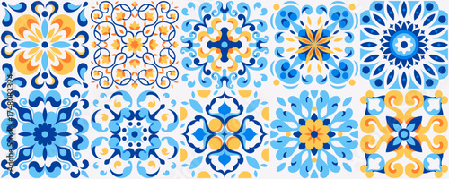 Mediterranean ceramic tiles seamless pattern. Azulejo arabesque. Portuguese, Spanish, Turkish, Indian, Islamic, Arabic decor. Geometrical and floral traditional national ornament. Vector illustration.