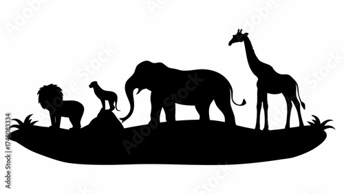 Stunning silhouette of African wildlife including a lion, cheetah, elephant, and giraffe, perfect for conservation and safari themes, originally created as scalable vector art