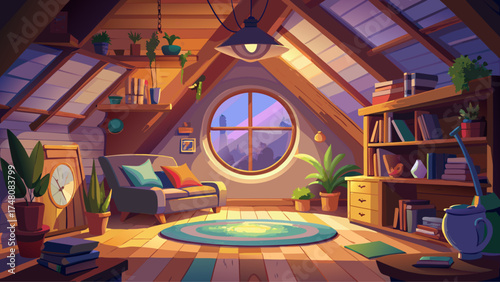 Very beautiful cozy attic room with a round porthole window, vector-style illustration highlighting soft lighting, warm tones, and peaceful evening ambiance.