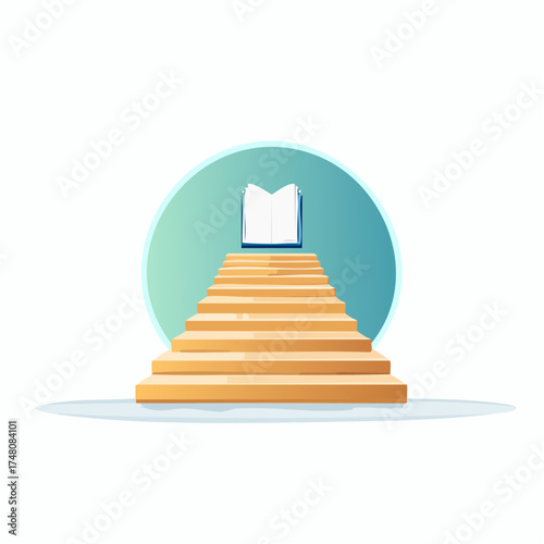 An open book rests at the top of a wooden staircase, symbolizing knowledge and achievement.