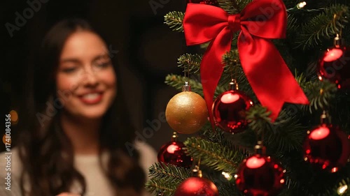 Happy Young Woman Decorating a Beautiful Christmas Tree at Home.