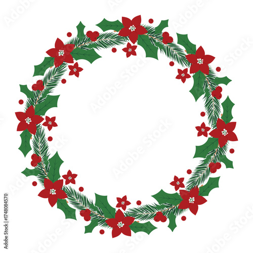 Christmas wreath with holly berries, poinsettia and evergreen branches. Element for decor, design, banner, poster, invitation, advertisement, greeting card.