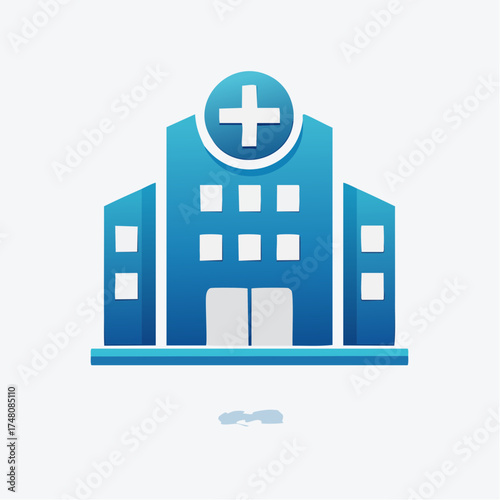 Blue hospital building icon with a white cross on top, vector illustration.