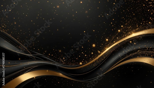 Stunning black and gold abstract background with flowing waves and sparkling particles, perfect for luxury and celebration themes