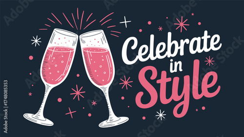 Celebrate cheers toast party celebration drink champagne style event pink background bubbles stars elegant silhouette