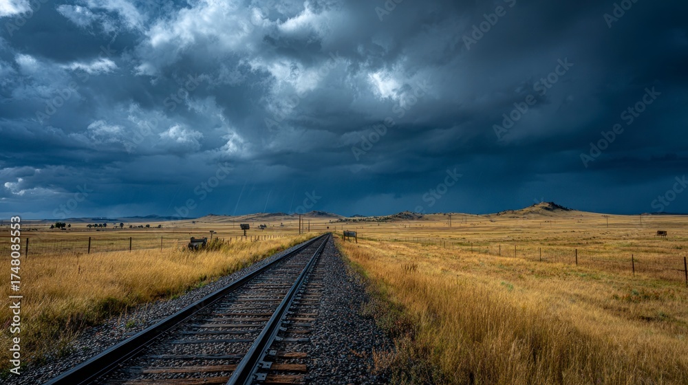 Obraz premium Train tracks through stormy landscape