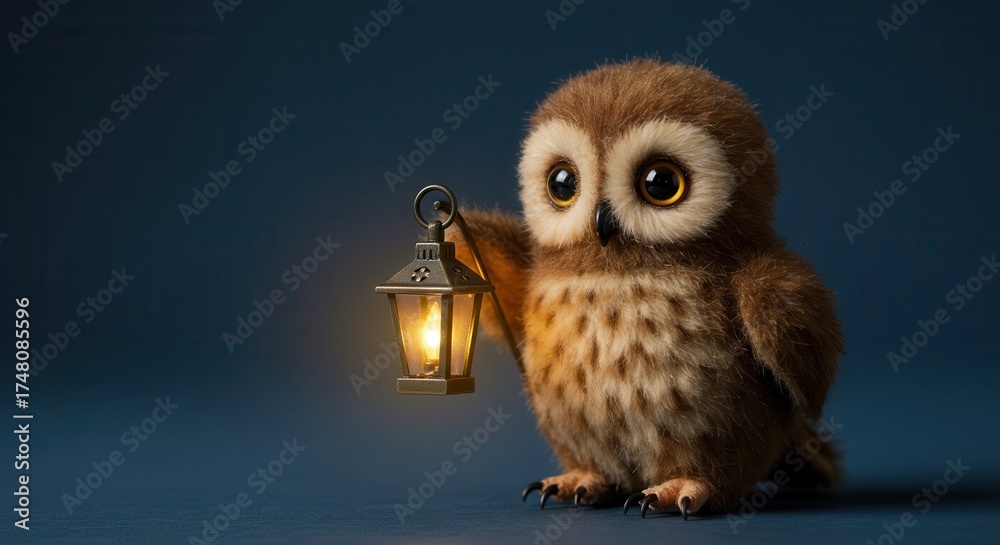 Obraz premium Cute owl character holds a glowing lantern in its wing.