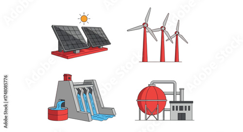 Eco-friendly energy sources illustration depicting solar, wind, hydro, and gas power generation