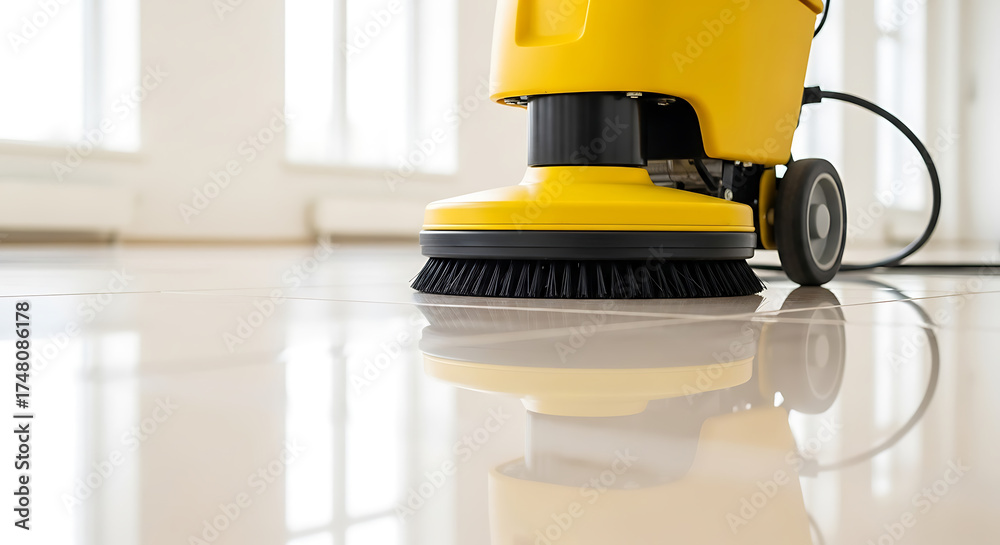 Fototapeta premium Yellow floor scrubber cleaning tile flooring in a bright, airy room, maintaining cleanliness and hygiene.