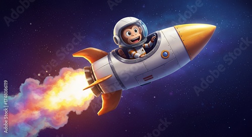 Cartoon monkey astronaut in a rocket ship soaring through a star filled night sky