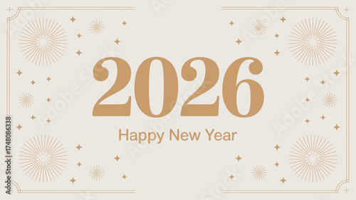 Happy new year 2026 celebration festive gold stars fireworks greeting card holiday background design year silhouette