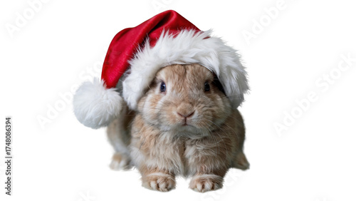Cute fluffy lop eared rabbit wearing a red and white santa hat isolated on transparent background
