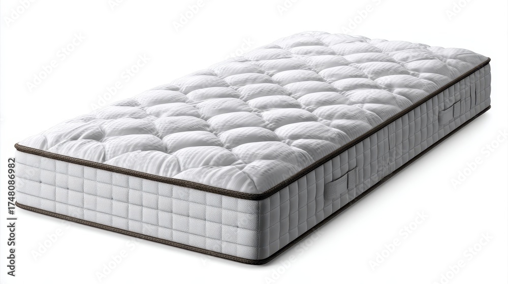 Obraz premium A detailed studio shot of a white orthopedic mattress featuring a quilted top surface and textured grey sides, presented in isolation against a clean white background.