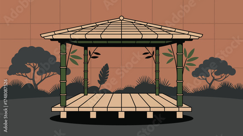 A stylized illustration of a bamboo gazebo with trees and plants on a terracotta tiled background