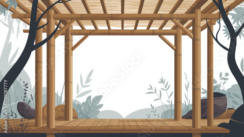 Illustration of a bamboo gazebo structure with a wooden floor and surrounding nature elements visible