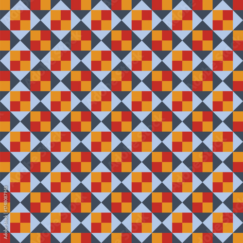 Pattern created from orange and gold squares and navy-grey and light blue triangles