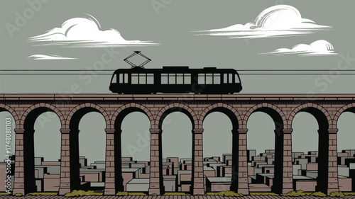 A tram travels along an arched bridge against a cloudy sky with buildings below in a cartoon style