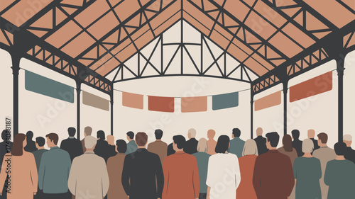 A crowd of people gathered under a structure with banners hanging from the ceiling watching something
