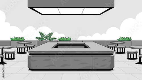 A grayscale illustration of an outdoor dining area with tables and a central square structure