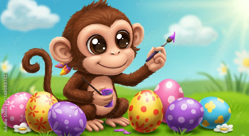 Naklejka premium Cheerful cartoon monkey painting colorful easter eggs outdoors on a sunny day