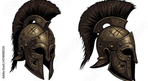 Ancient warrior helmets illustration metallic brown with detailed design